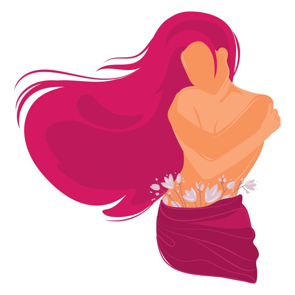 abrazar el concepto de equidad. plantilla de afiche del día internacional de la mujer con una mujer abrazándose los hombros con el pelo largo magenta y el vector de flores de primavera. mujeres diversas abrazándose a sí misma. amor propio, cuidado