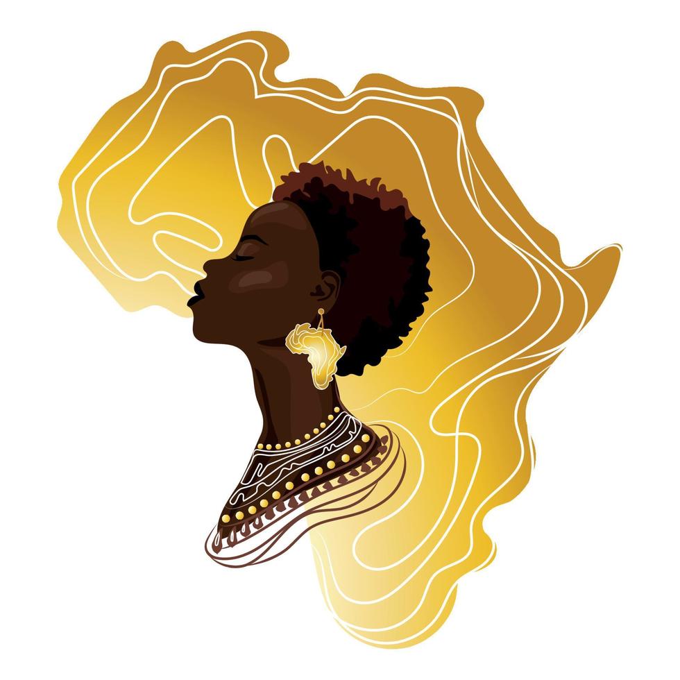 retrato de una mujer africana en el contexto del mapa dorado de la ilustración conceptual del vector africano, se puede utilizar el mes de la historia negra. hermosa mujer afroamericana de piel negra