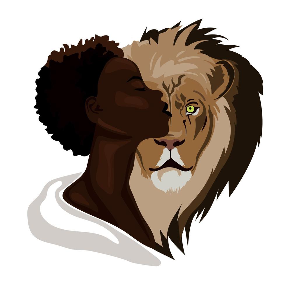 Beautiful African American black skinned woman girl with lion isolated on white background vector illustration.Black woman portrait print,poster,creative design.People and animals ,wildlife concept