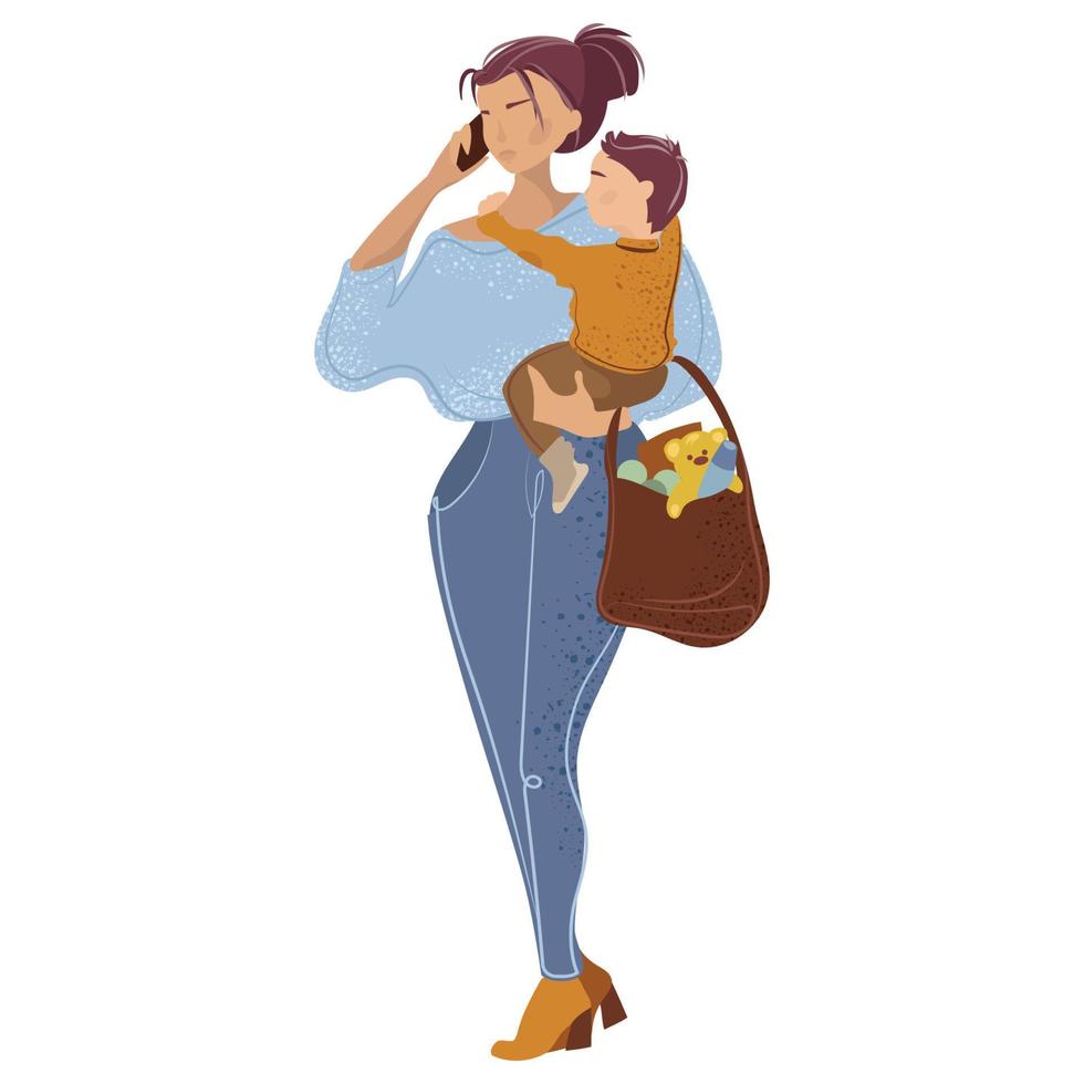 mamá moderna con un bebé en los brazos hablando por teléfono caminando desde la tienda con una bolsa de compras llena ilustración plana vectorial.mujer ocupada mamá de negocios con bebé y teléfono ilustración aislada vector