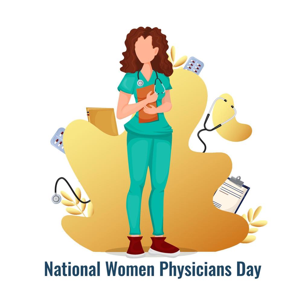 día nacional de las mujeres doctoras. doctora en uniforme. plantilla de fonendoscopio para banner, publicidad, postal. Equipo medico. ilustración vectorial mujer fuerte. vector