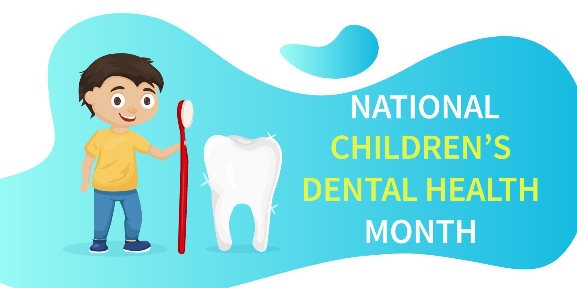 National Children s Dental Health Month vector banner. A boy with good tooth. Protecting teeth and promoting good health, prevention of dental caries in children. Vector illustration.