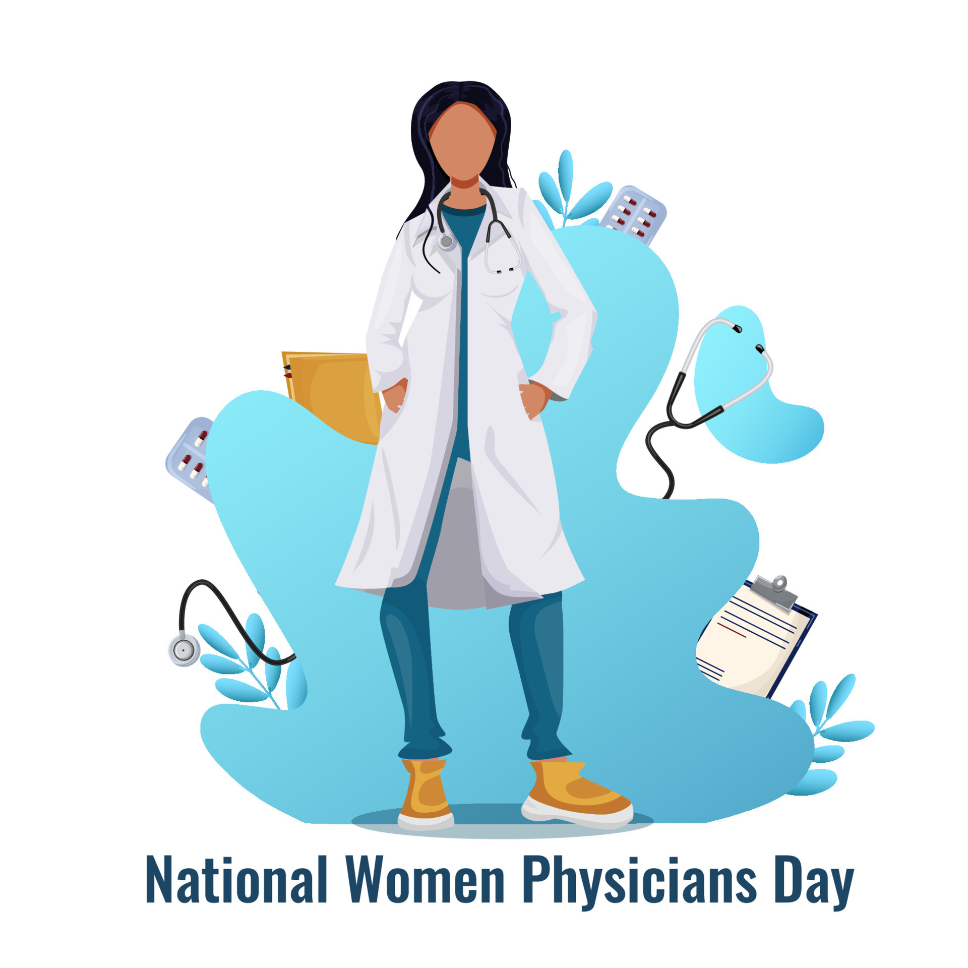 National Women Physicians Day.Woman doctor in a dressing gown. Template