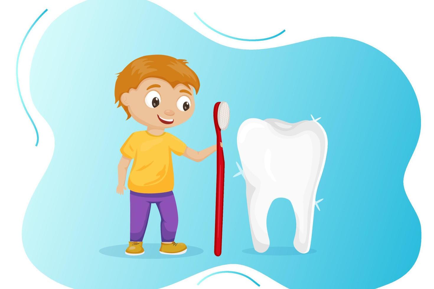 National Children s Dental Health Month vector banner. A boy with good tooth. Protecting teeth and promoting good health, prevention of dental caries in children. Vector illustration.