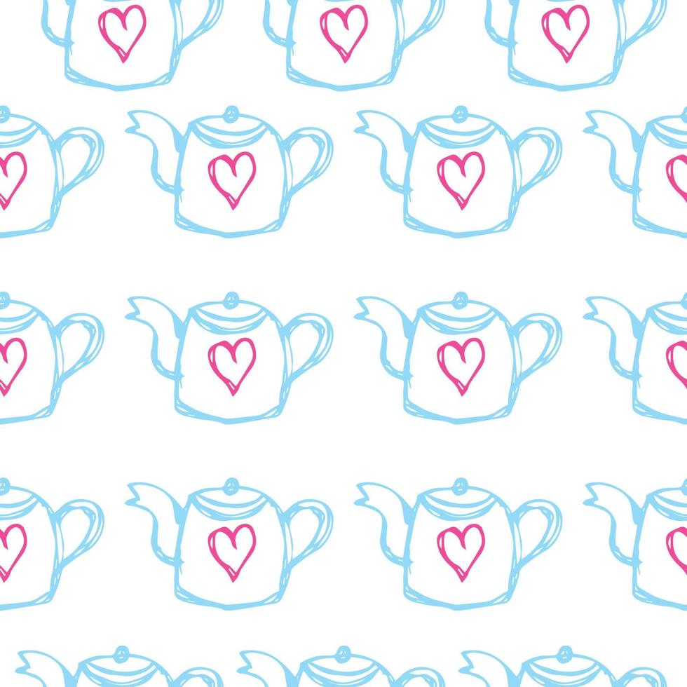 Cartoon Heart with Love Kettle. Hand Drawn Seamless Background Pattern vector