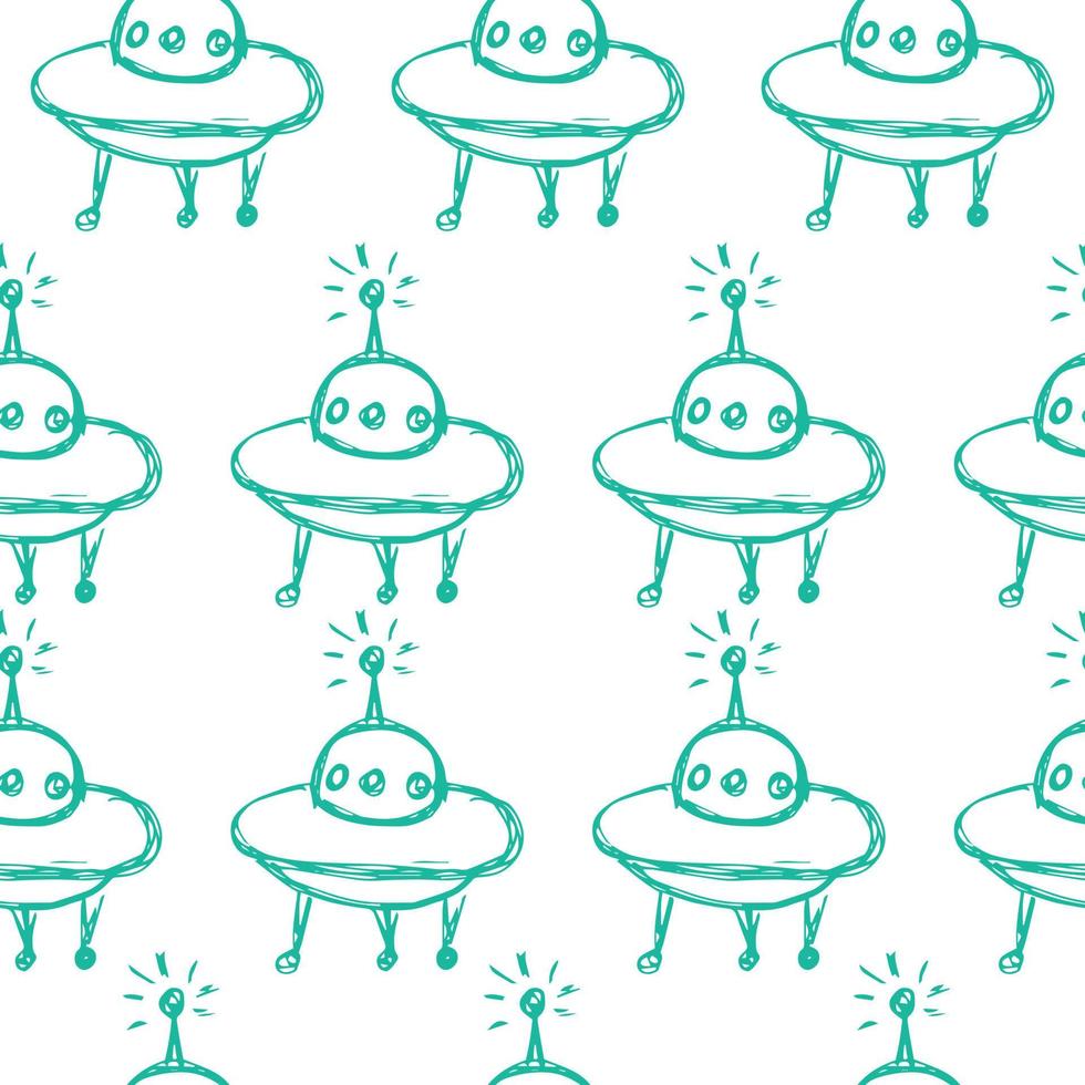 UFO Alien Cartoon Hand Drawn Outer Space ship Seamless Background Pattern vector