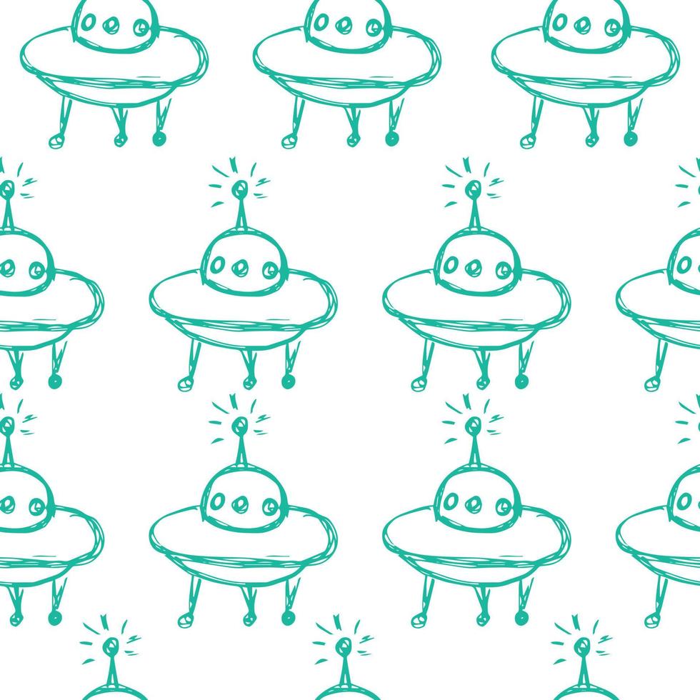 UFO Alien Cartoon Hand Drawn Outer Space ship Seamless Background Pattern vector