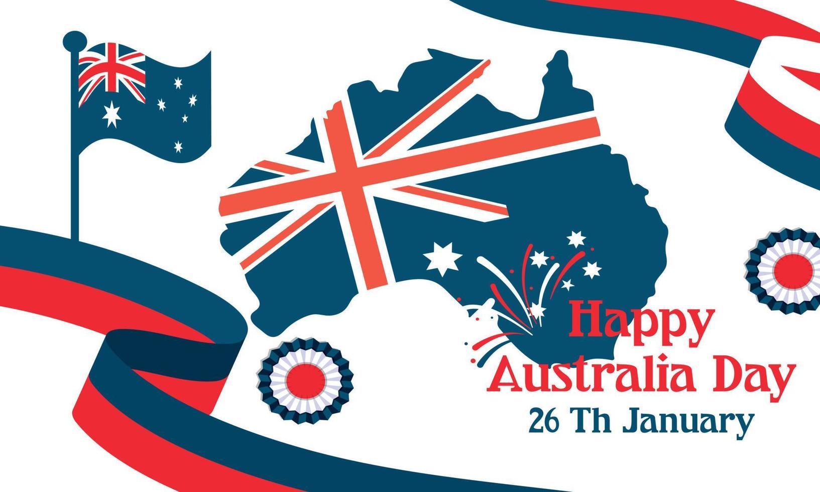 Happy Australia day lettering. Map of Australia with flag on a blue background. Vector illustration