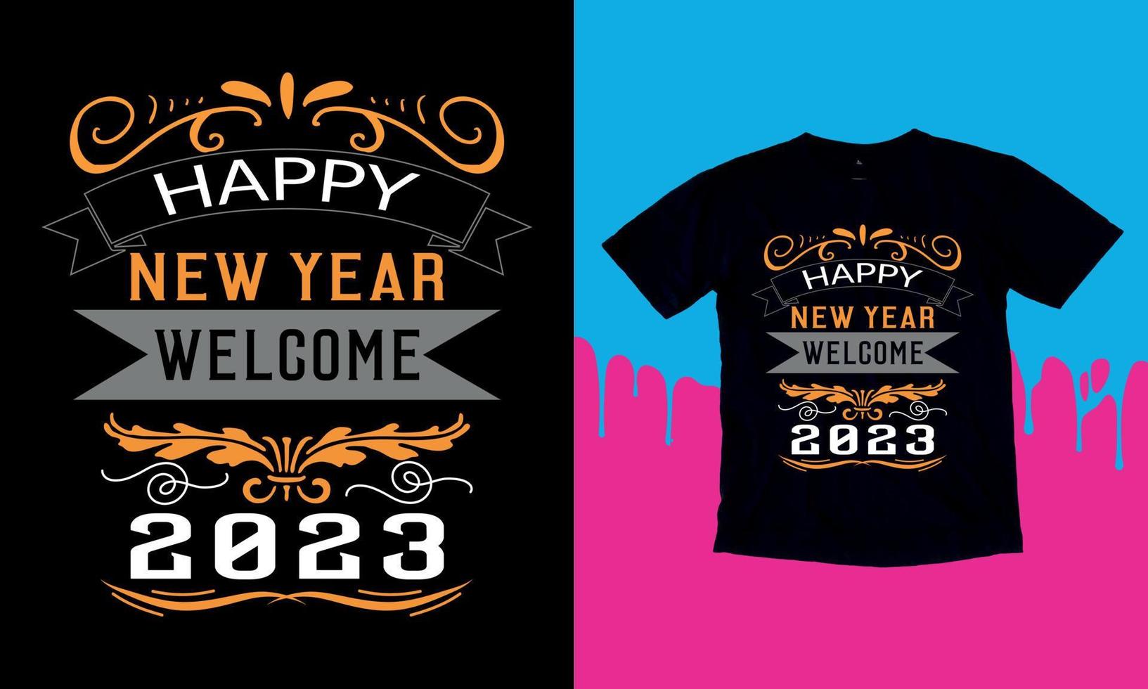 feliz nueva bienvenida 2023, tipografía, plantilla de diseño vectorial. Diseño de camiseta único y llamativo. vector