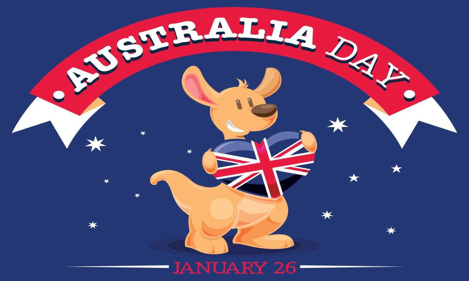 Happy Australia day lettering. Map of Australia with flag on a blue background. Vector illustration