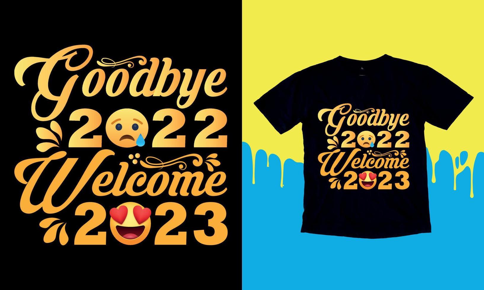 feliz año nuevo 2023, feliz diseño de camisetas de año nuevo, ilustración vectorial de letras aislada en fondo negro, cuotas de pegatinas de año nuevo, bolso, tazas, tarjeta, regalo. vector