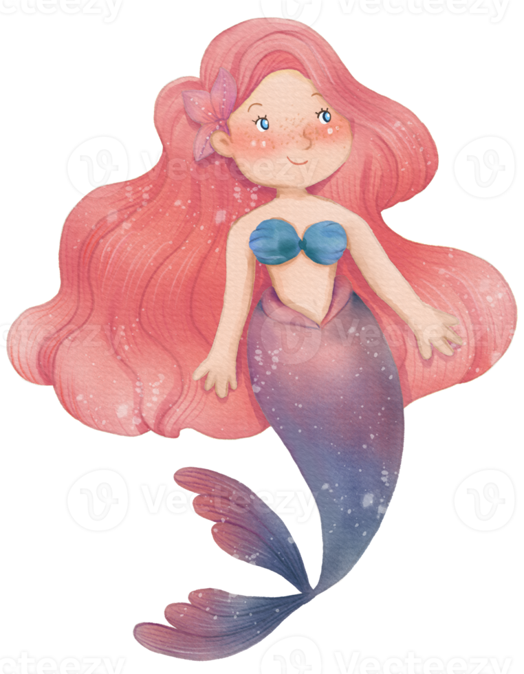 Watercolor Cute Mermaid Clipart, PNG