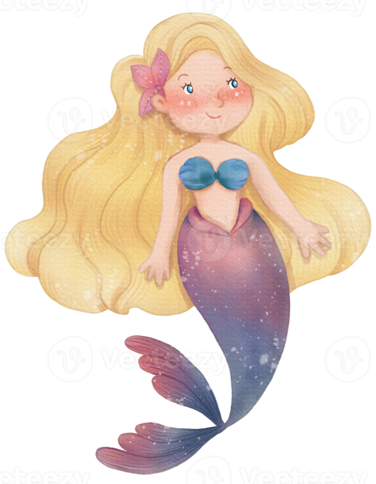 Watercolor Cute Mermaid Clipart, PNG