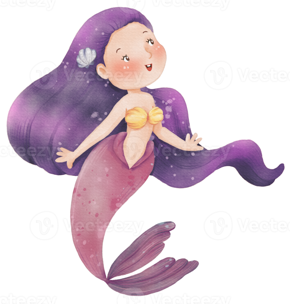 Watercolor Cute Mermaid Clipart, PNG