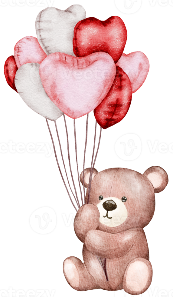 Watercolor Valentine's Day Teddy bear holding balloons png