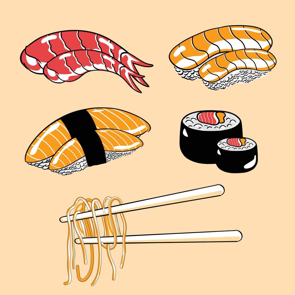 colección de diseño de mariscos de fideos de sushi de vector de comida asiática