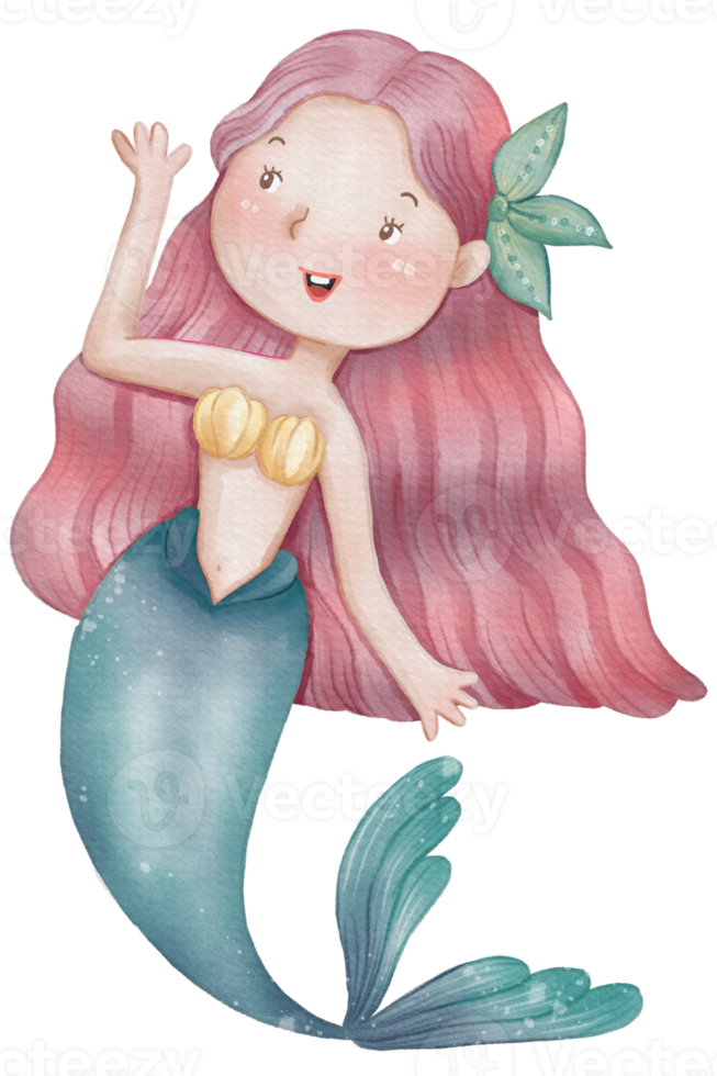 Watercolor Cute Mermaid Clipart, PNG