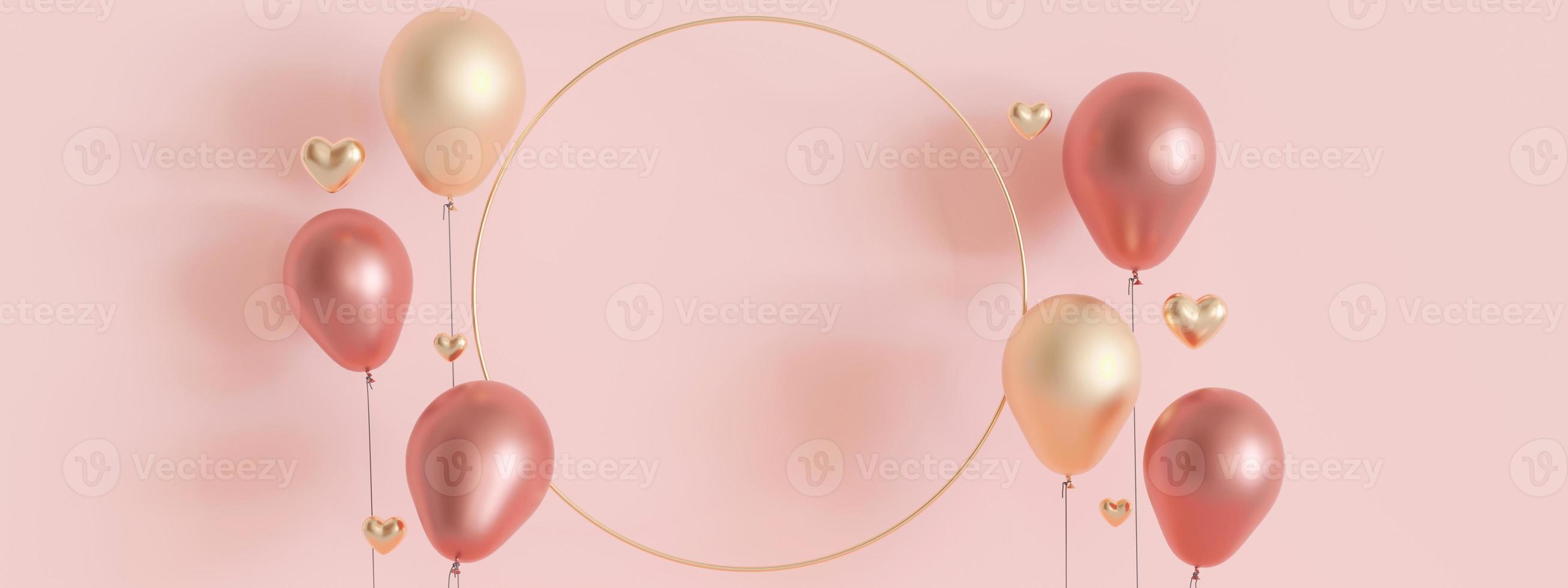 Pink background with golden hearts, balloons and copy space. Valentine's Day, Mother's Day, Wedding backdrop. Empty space for advertising text, invitation, logo. Banner. 3D render. photo