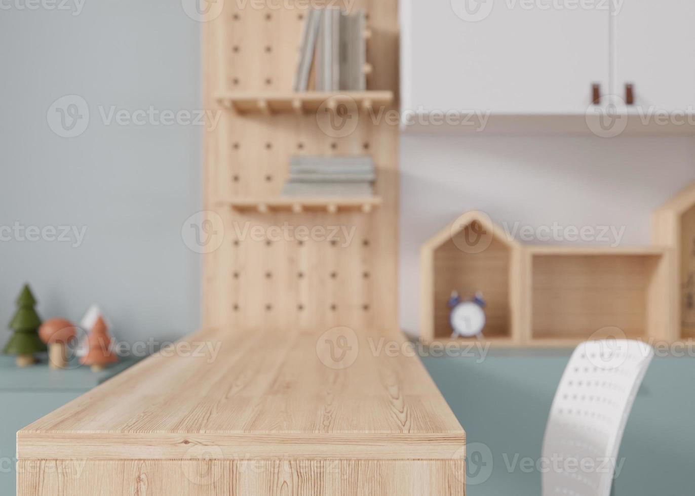 Empty wooden table top and blurred kids room interior on the background. Copy space for your object, product, toy presentation. Display, promotion, advertising. 3D rendering. photo