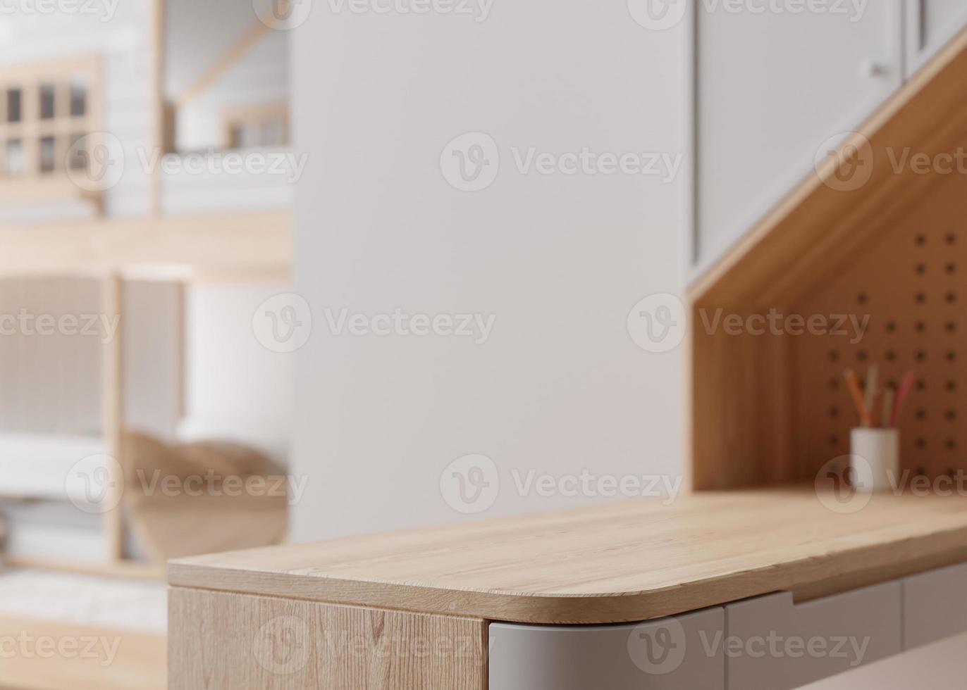 Empty wooden table top and blurred kids room interior on the background. Copy space for your object, product, toy presentation. Display, promotion, advertising. 3D rendering. photo