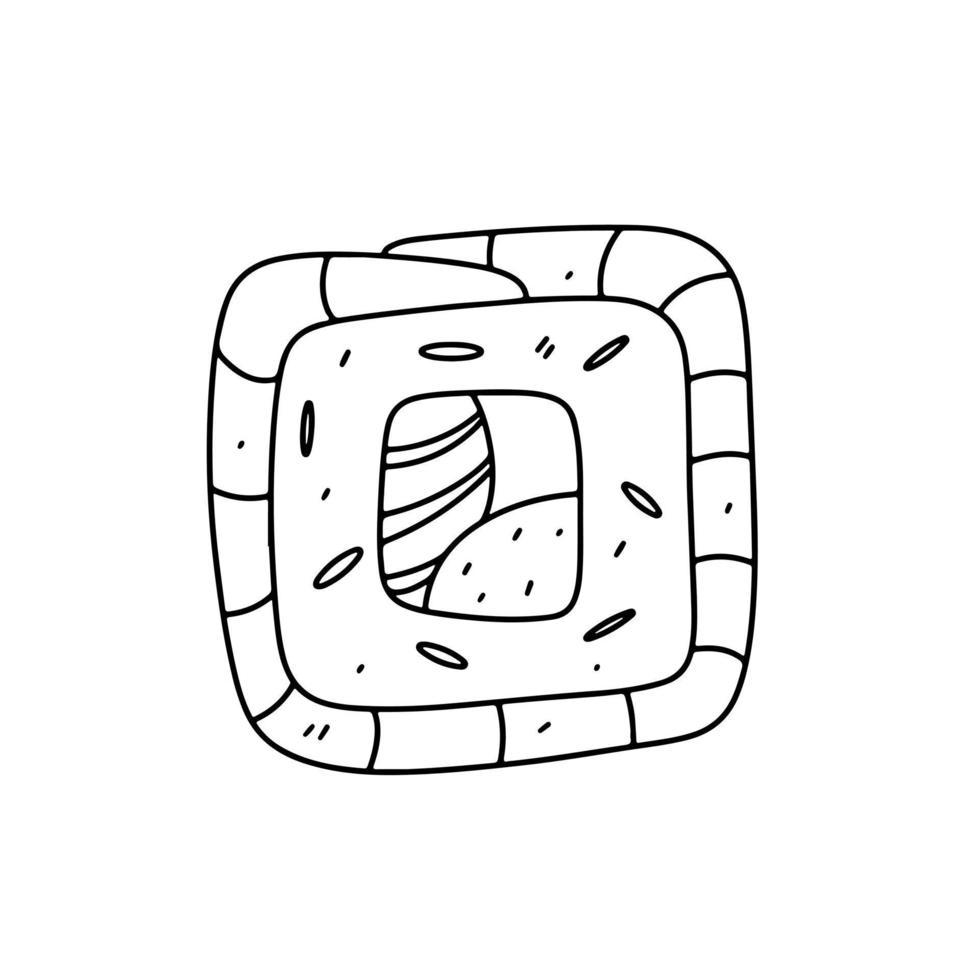 Salmon and cucumber rolls in hand drawn doodle style. Traditional japan food vector illustration.