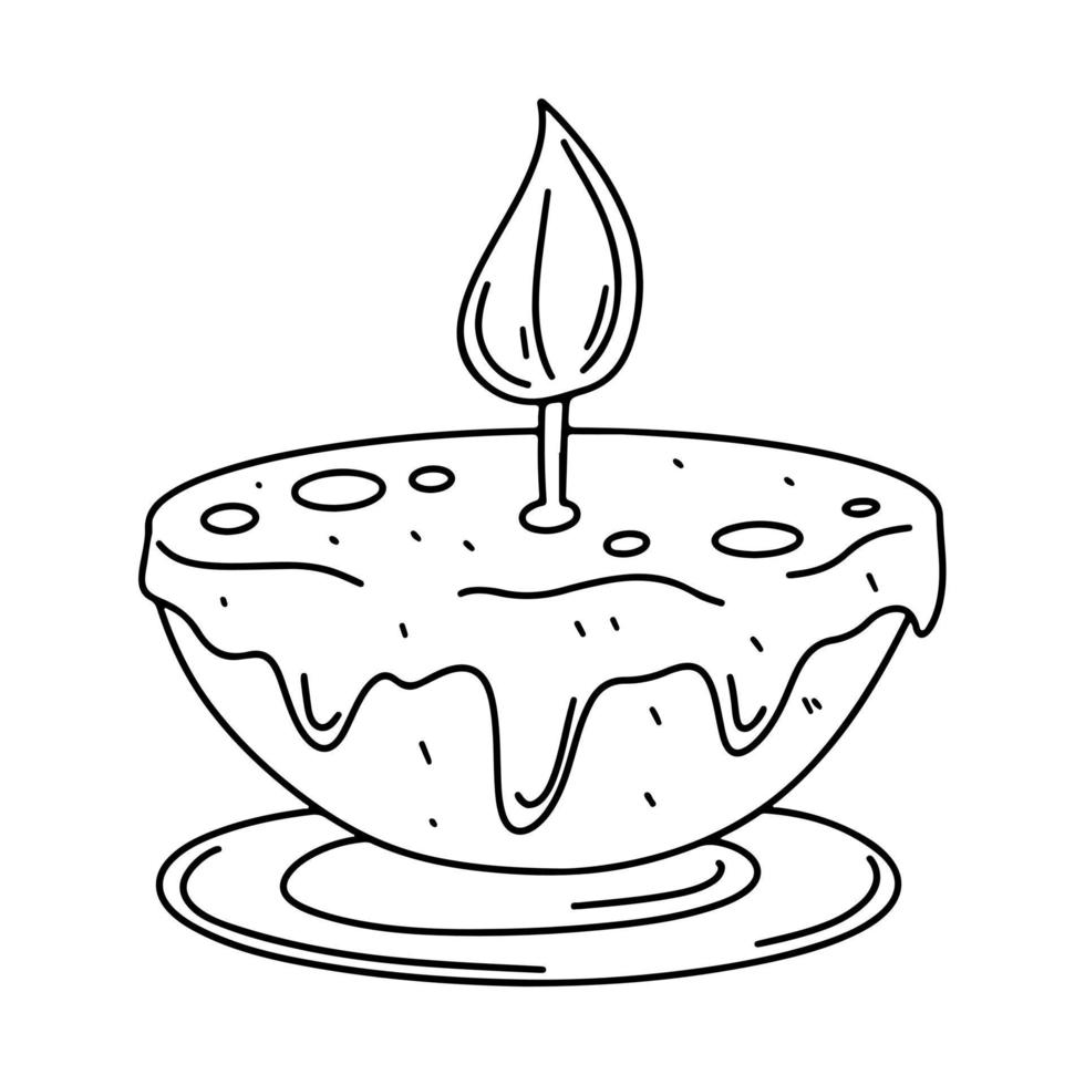 Burning candle in hand drawn doodle style. Isolated vector illustration. Coloring book for kids.