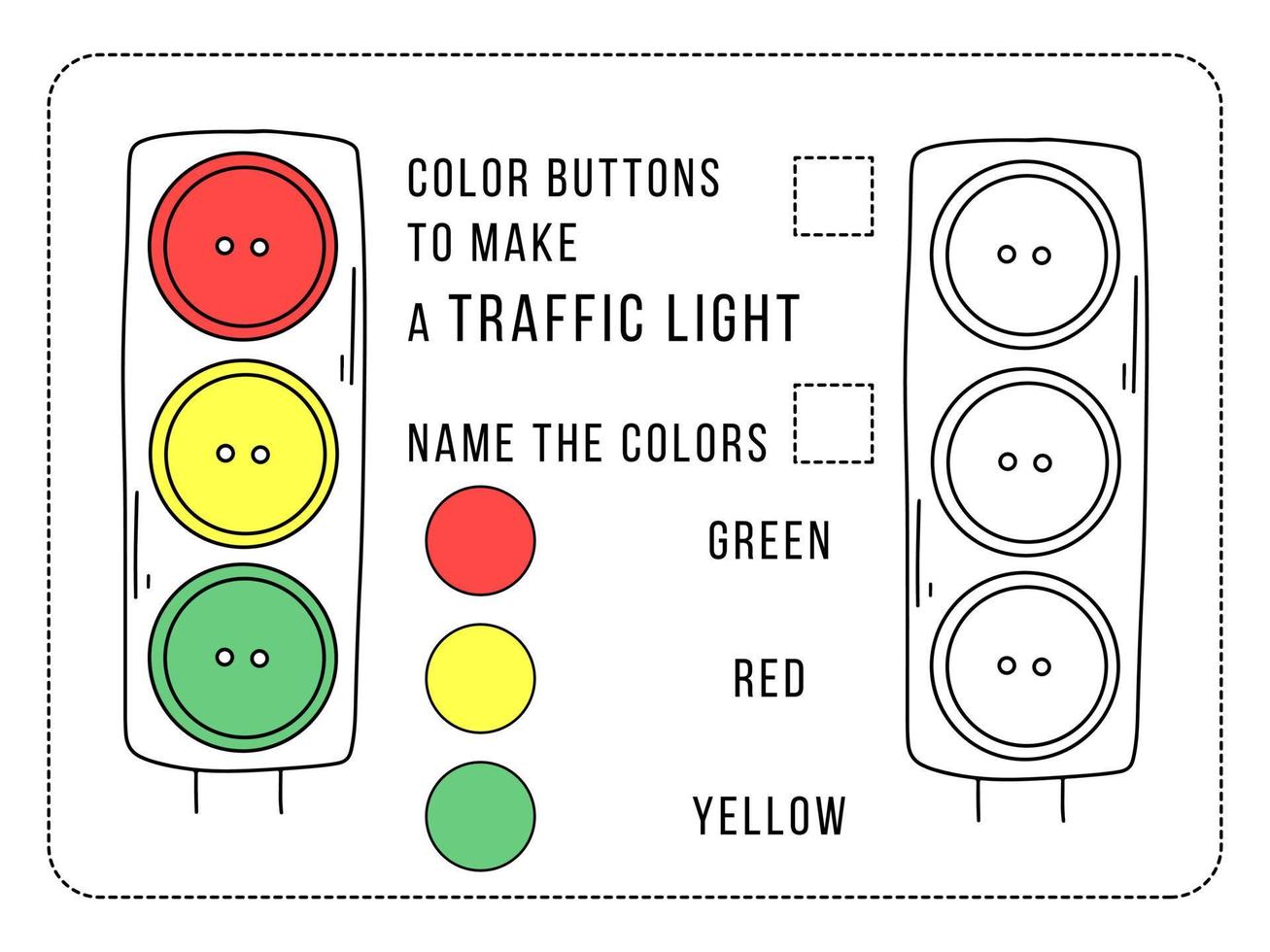 Color traffic light game. Match by color. Education game for children. Worksheet for preschoolers. Activity for kids. vector