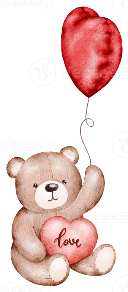 Watercolor Valentine's Day Teddy bear holding balloons png