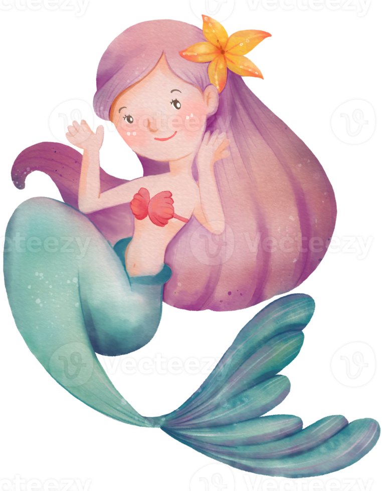 Watercolor Cute Mermaid Clipart, PNG