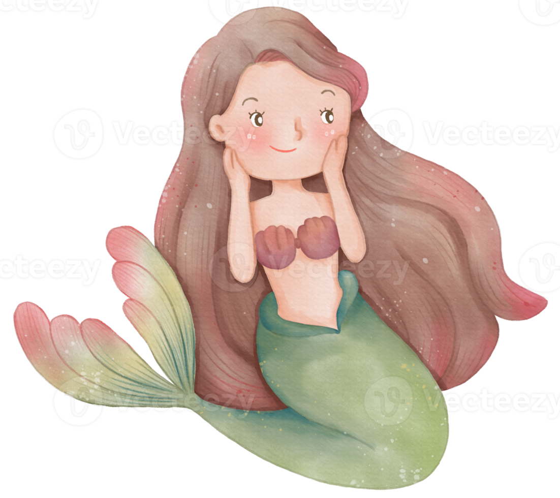 Watercolor Cute Mermaid Clipart, PNG