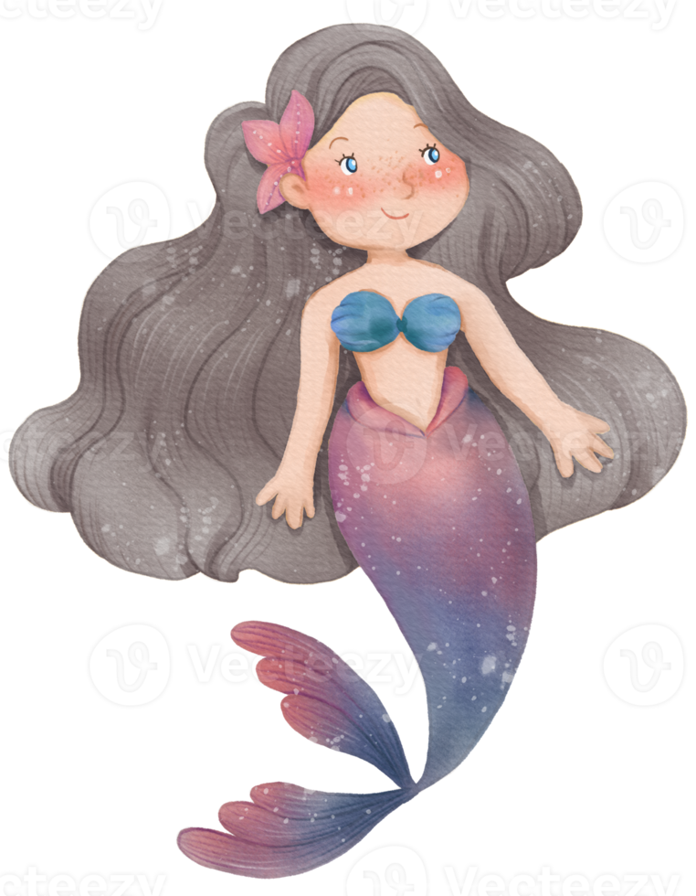 Watercolor Cute Mermaid Clipart, PNG