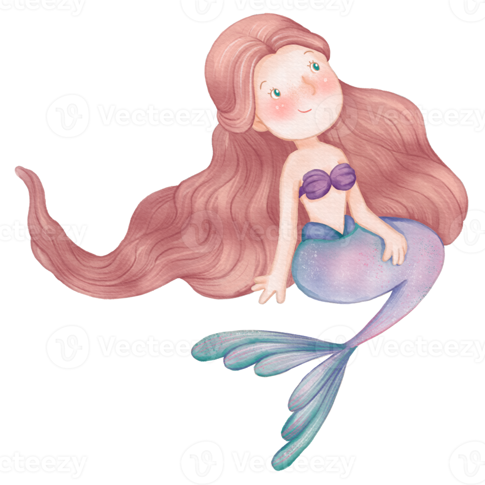 Watercolor Cute Mermaid Clipart, PNG