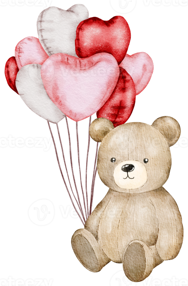 Watercolor Valentine's Day Teddy bear holding balloons png