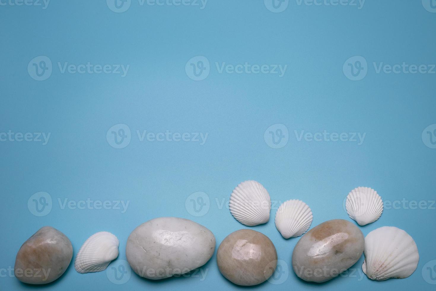 Sea shells and small stones on the blue background, with free space for text. photo