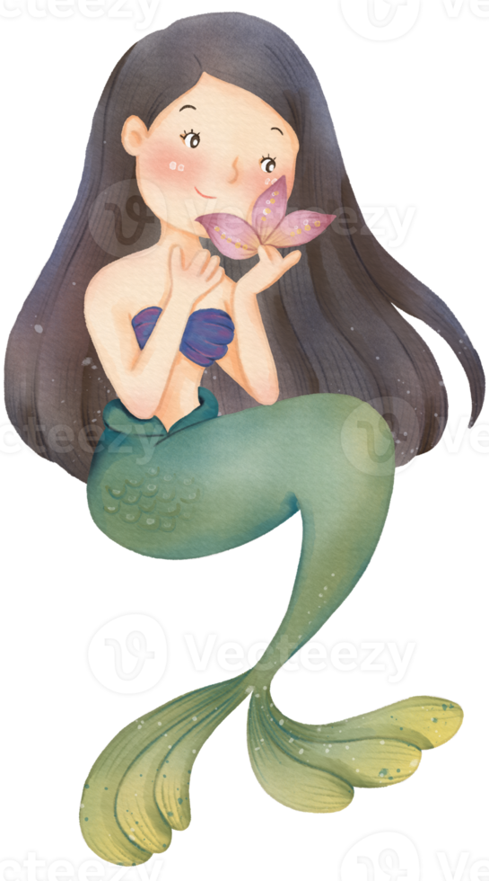 Watercolor Cute Mermaid Clipart, PNG