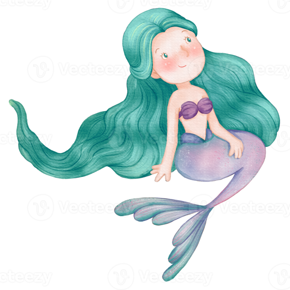 Watercolor Cute Mermaid Clipart, PNG