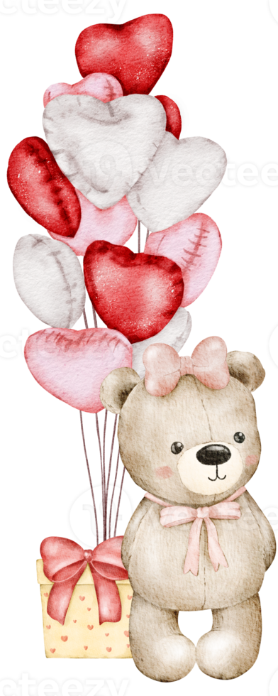 Watercolor Valentine's Day Teddy bear holding balloons png