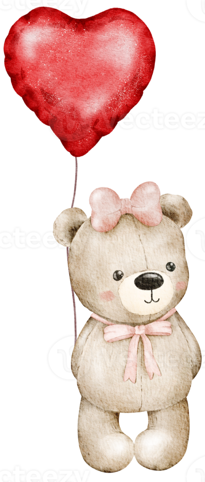 Watercolor Valentine's Day Teddy bear holding balloons png