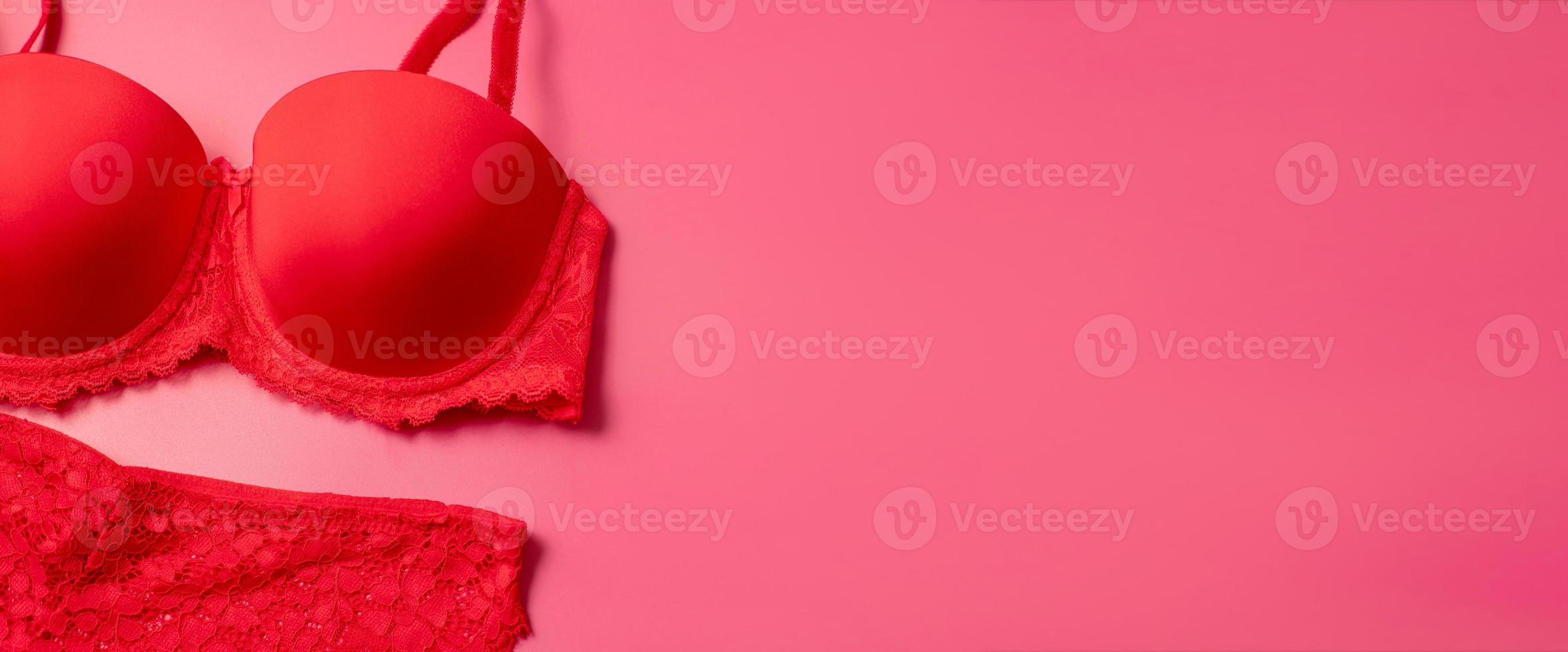 Beautiful female lacy panties and bra on pink background. Sexy red underwear. Banner with free space for text, copy space. Love and passion. photo