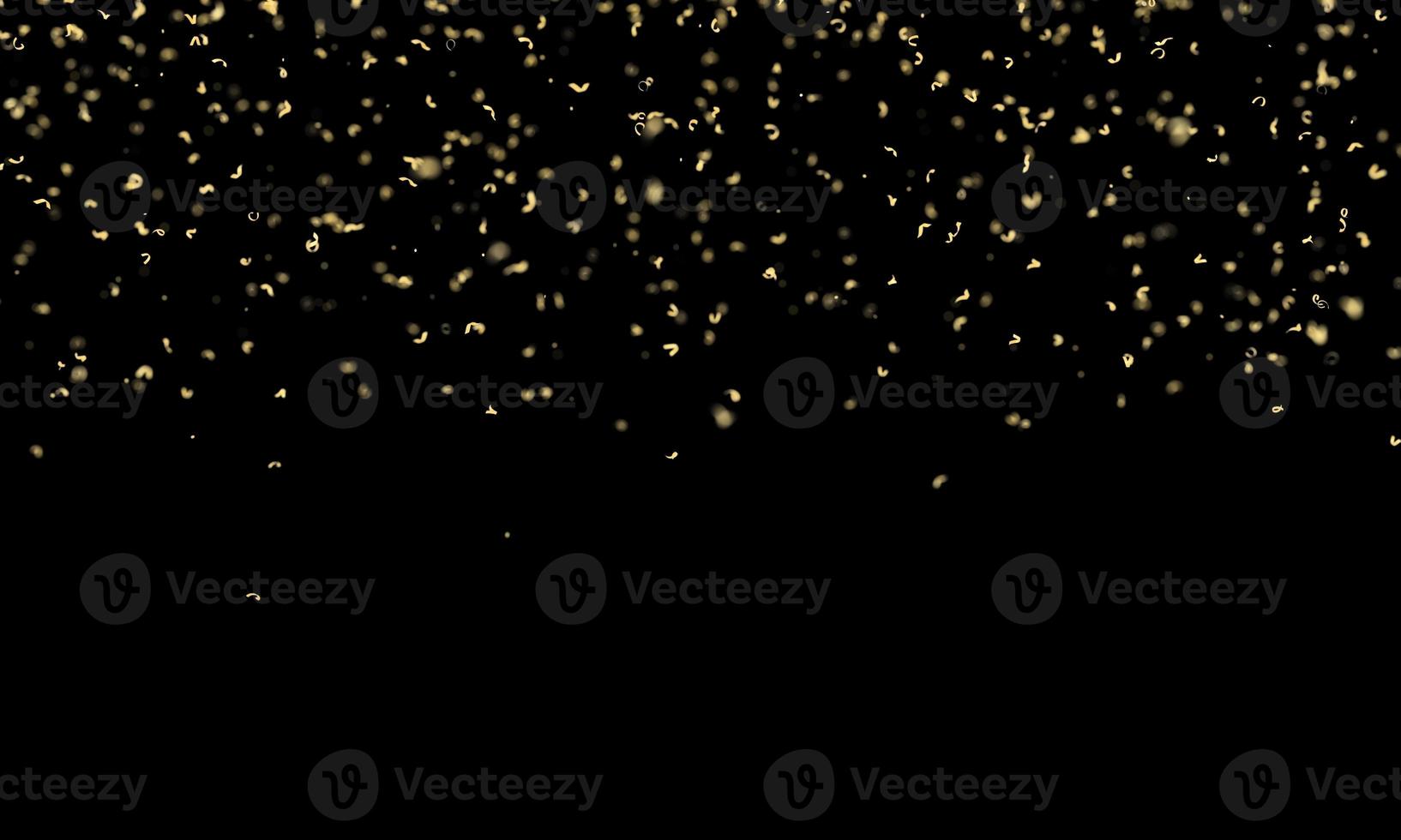 Falling golden glitter confetti isolated on black background. Shiny particles. Party, Merry Christmas, Happy New year, Birthday decoration. Celebration background. Upper border. Soft focus. 3D render. photo