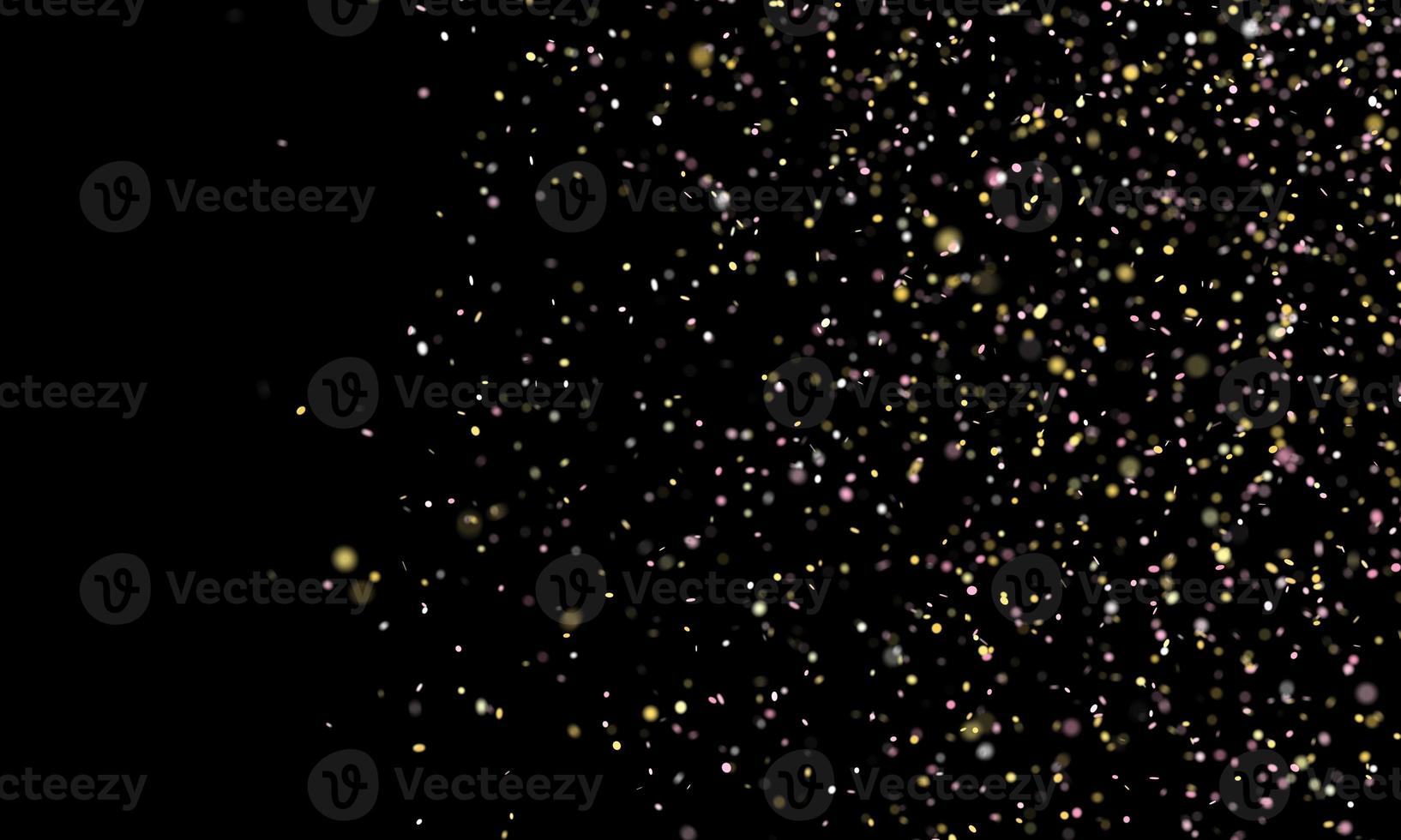 Falling golden glitter confetti isolated on black background. Shiny particles. Party, Merry Christmas, Happy New year, Birthday decoration. Celebration background. Soft focus. 3D rendering. photo