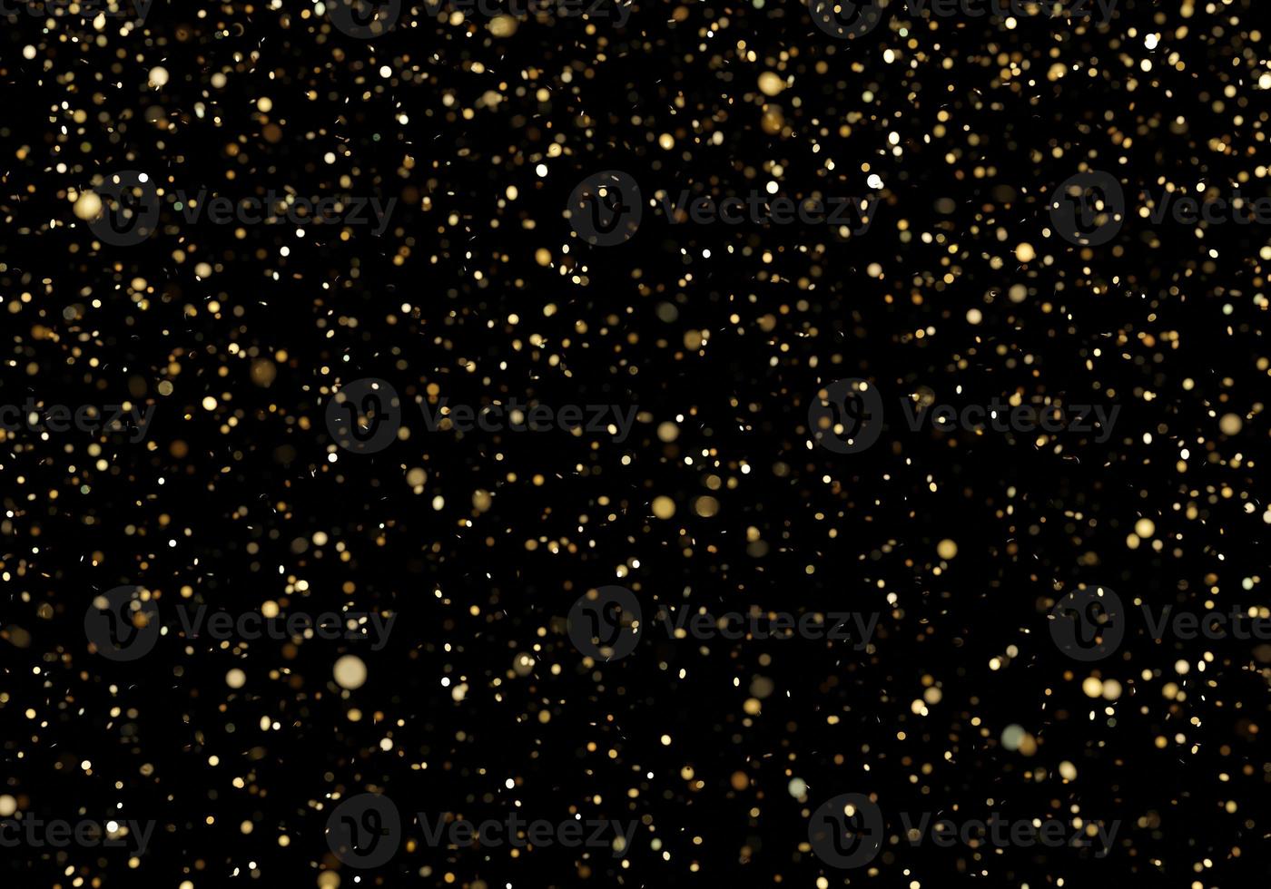 Falling golden glitter confetti isolated on black background. Shiny particles. Party, Merry Christmas, Happy New year, Birthday decoration. Celebration background. Soft focus. 3D rendering. photo