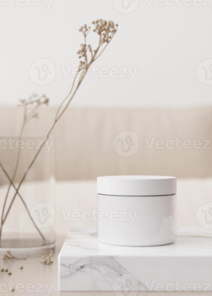 White and blank, unbranded cosmetic cream jar standing on the table at home. Skin care product presentation. Elegant mockup. Skincare, beauty and spa. Jar with copy space. 3D rendering. photo