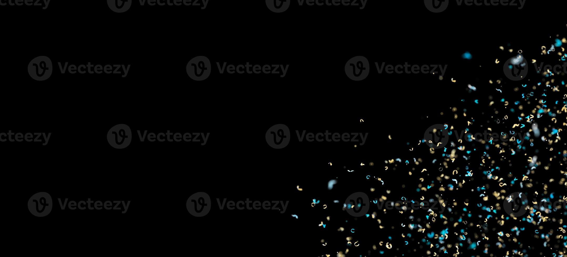 Golden and blue confetti isolated on black background. Shiny particles. Party, Merry Christmas, Happy New year, Birthday decoration. Celebration background. Corner. Copy space. 3D render. photo