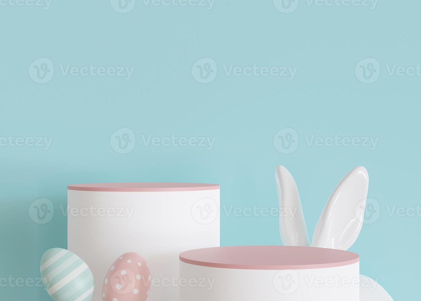 Two podiums with Easter eggs, rabbit ears and copy space on blue background. Stage for product, cosmetic presentation. Easter mock up. Pedestal, platform. Empty scene. Display, showcase. 3D render. photo