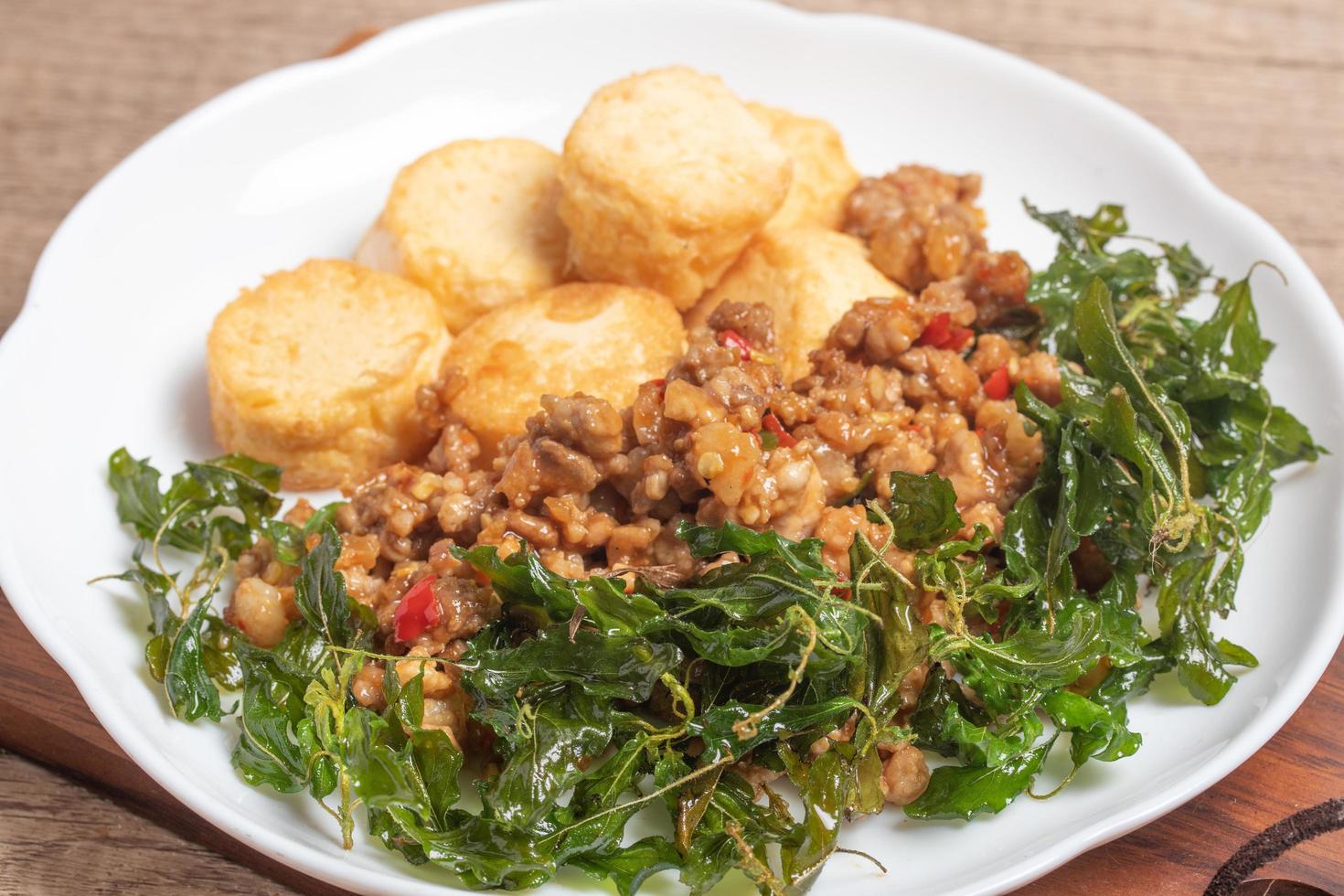 Stir Fried Egg Tofu with Pork Basil photo
