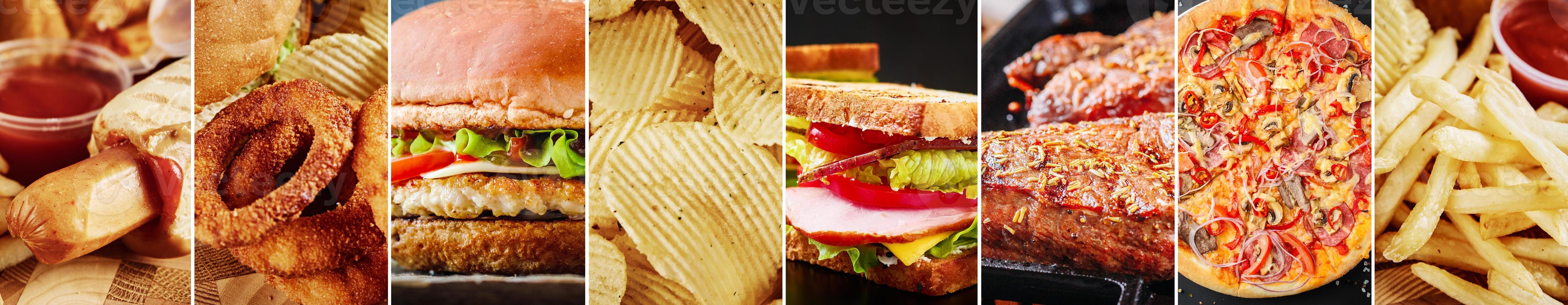 Unhealthy food collage. Various food product background, long banner photo