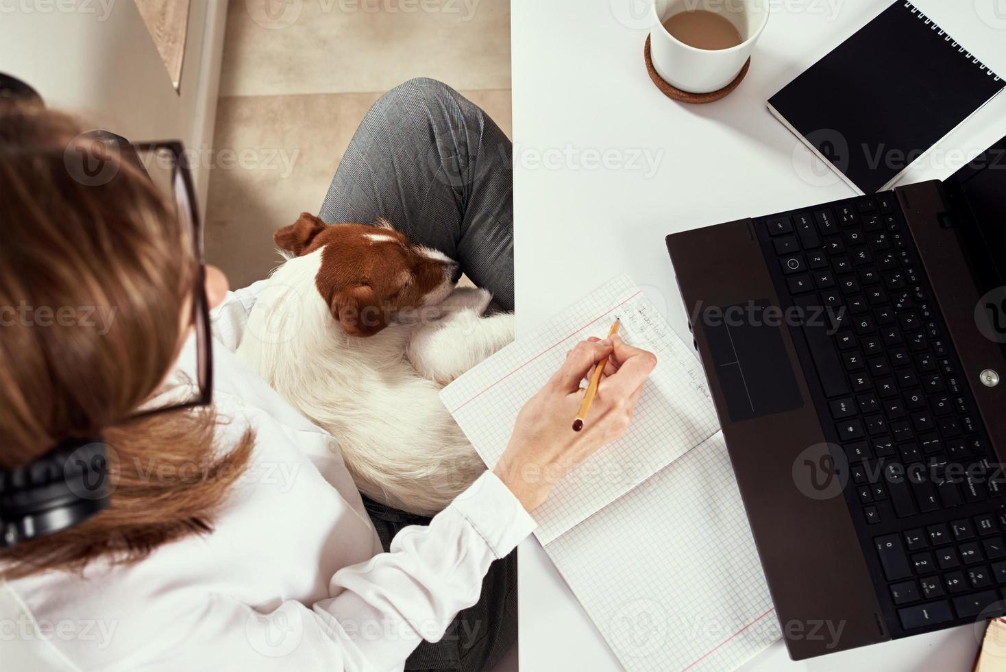 Woman makes notes in notebook and using laptop for study photo