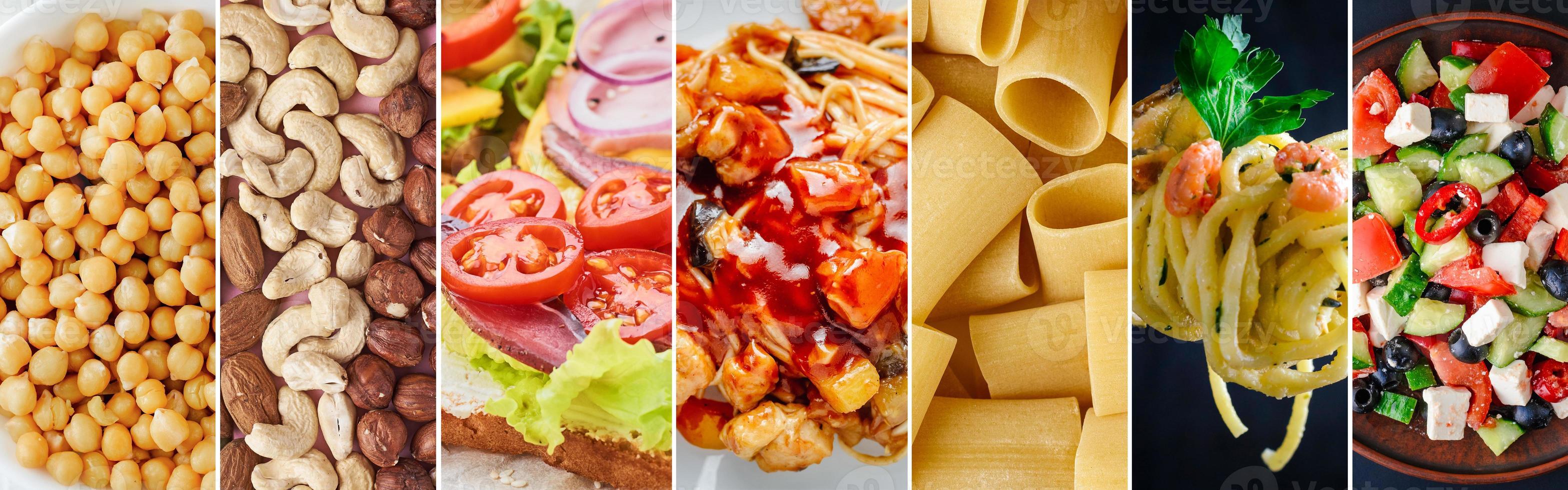 Food collage. Various food product background, long banner photo