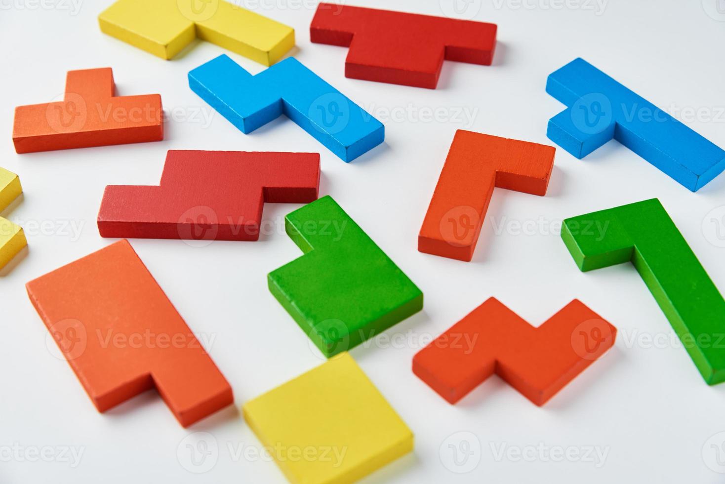 Different wooden blocks on white background. photo